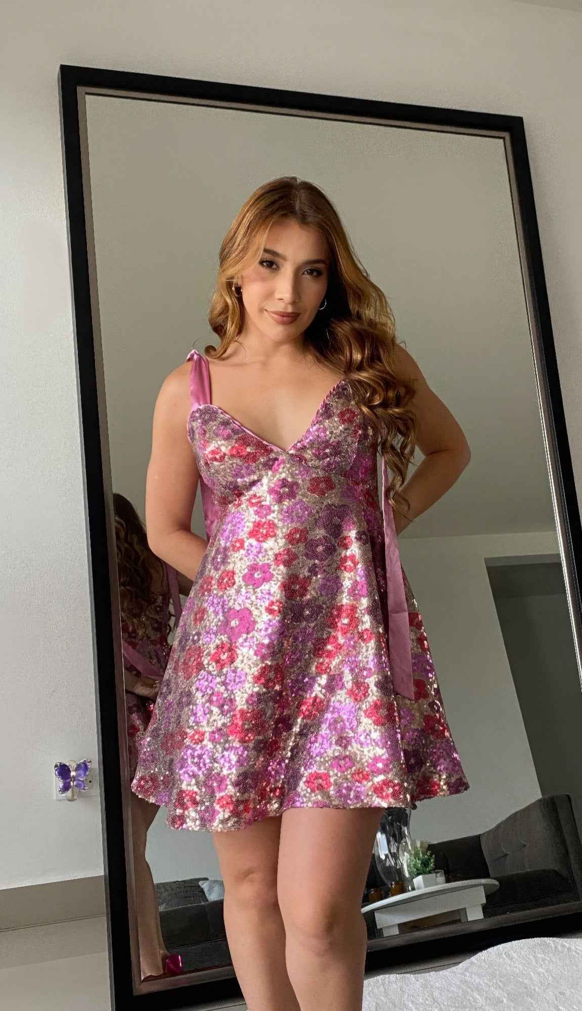 Women's Sequin Floral Mini Dress Ties On Shoulders Women's Sequin Floral Mini Dress Ties On Shoulders