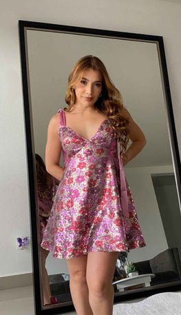 Women's Sequin Floral Mini Dress Ties On Shoulders