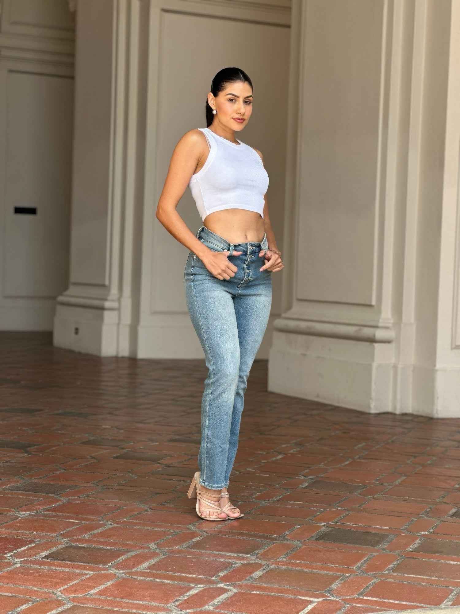 High Rise Cigarette Button Fly Straight Denim Jean High Rise Cigarette Button Fly Straight Denim Jean