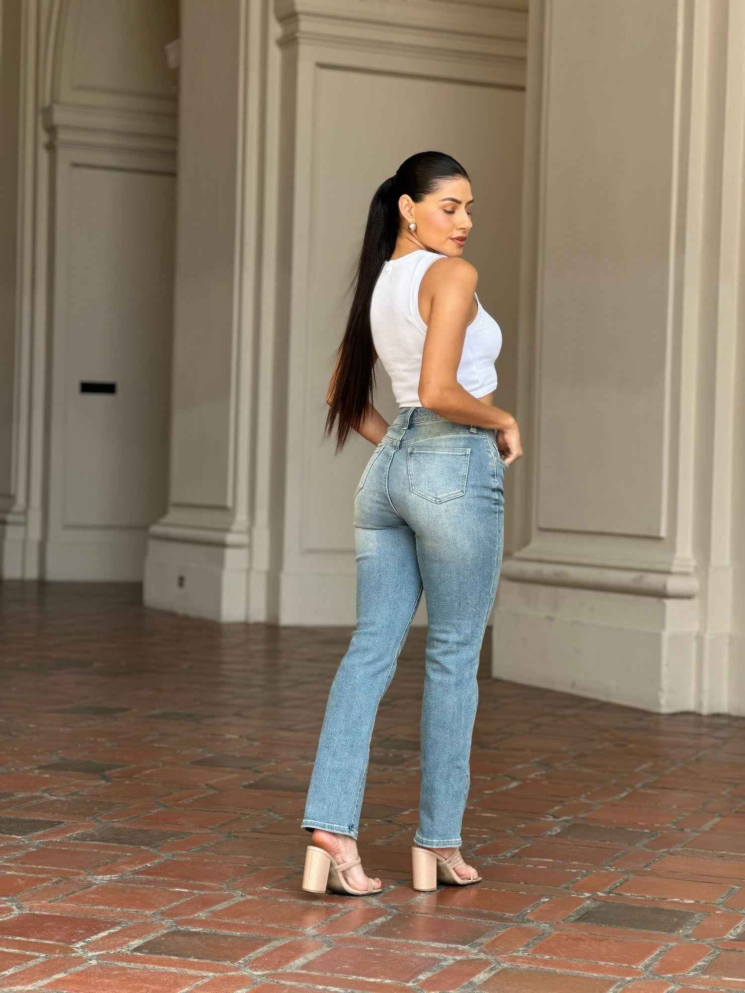 High Rise Cigarette Button Fly Straight Denim Jean High Rise Cigarette Button Fly Straight Denim Jean