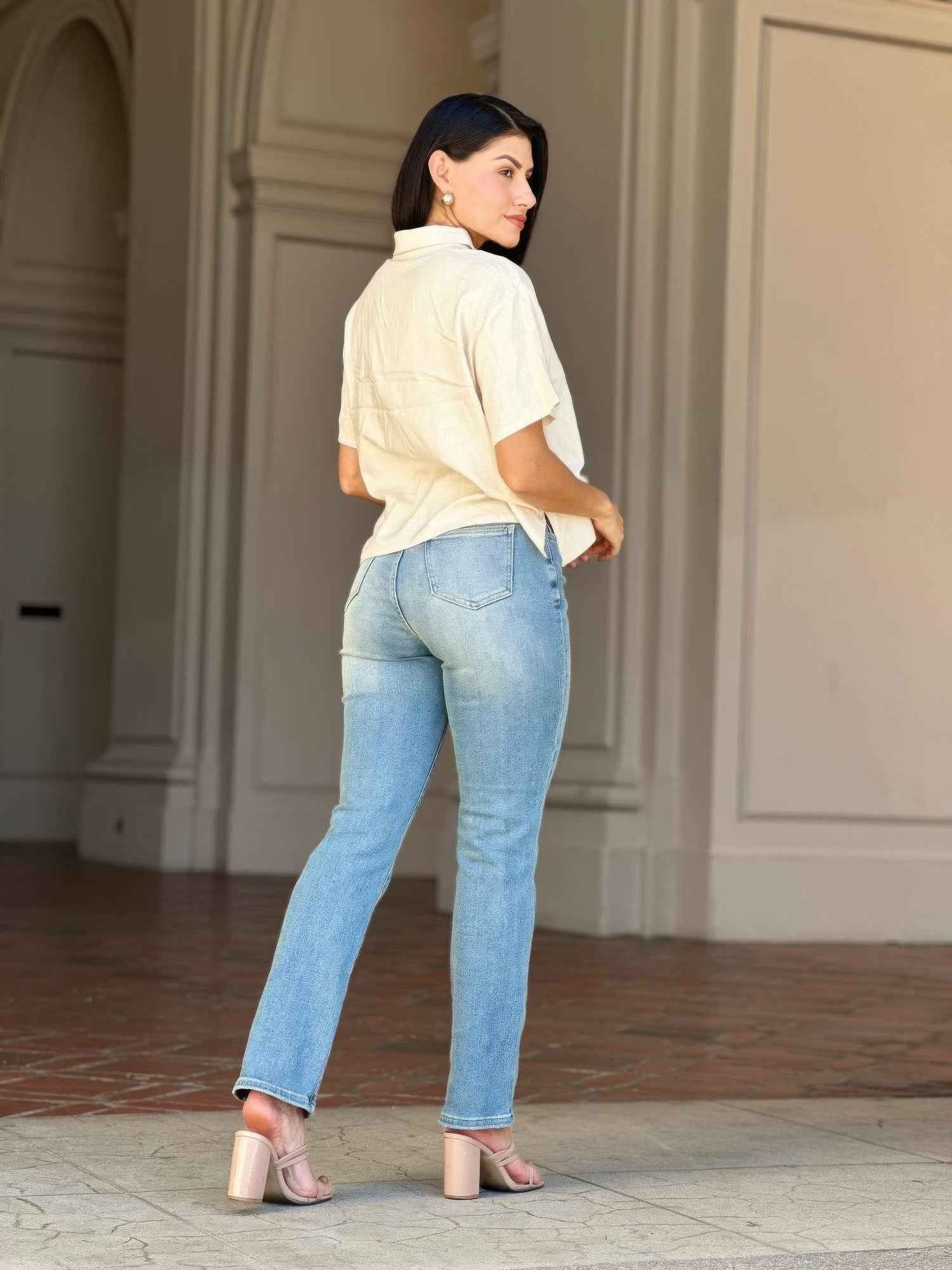 High Rise Cigarette Button Fly Straight Denim Jean High Rise Cigarette Button Fly Straight Denim Jean