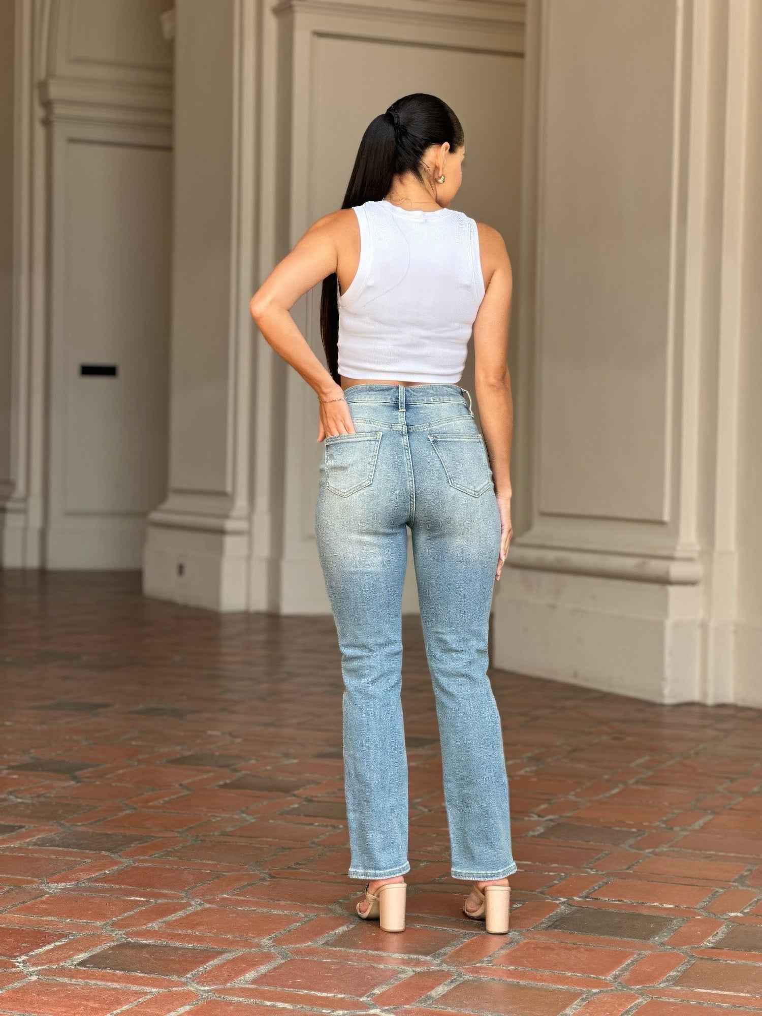 High Rise Cigarette Button Fly Straight Denim Jean High Rise Cigarette Button Fly Straight Denim Jean