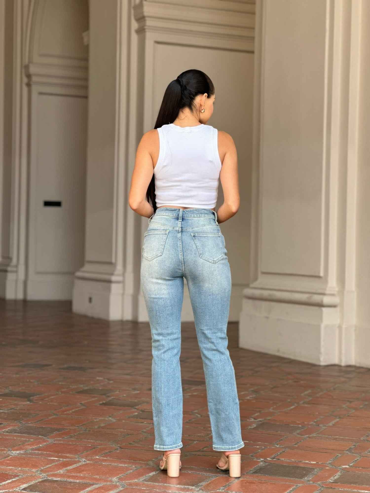 High Rise Cigarette Button Fly Straight Denim Jean High Rise Cigarette Button Fly Straight Denim Jean