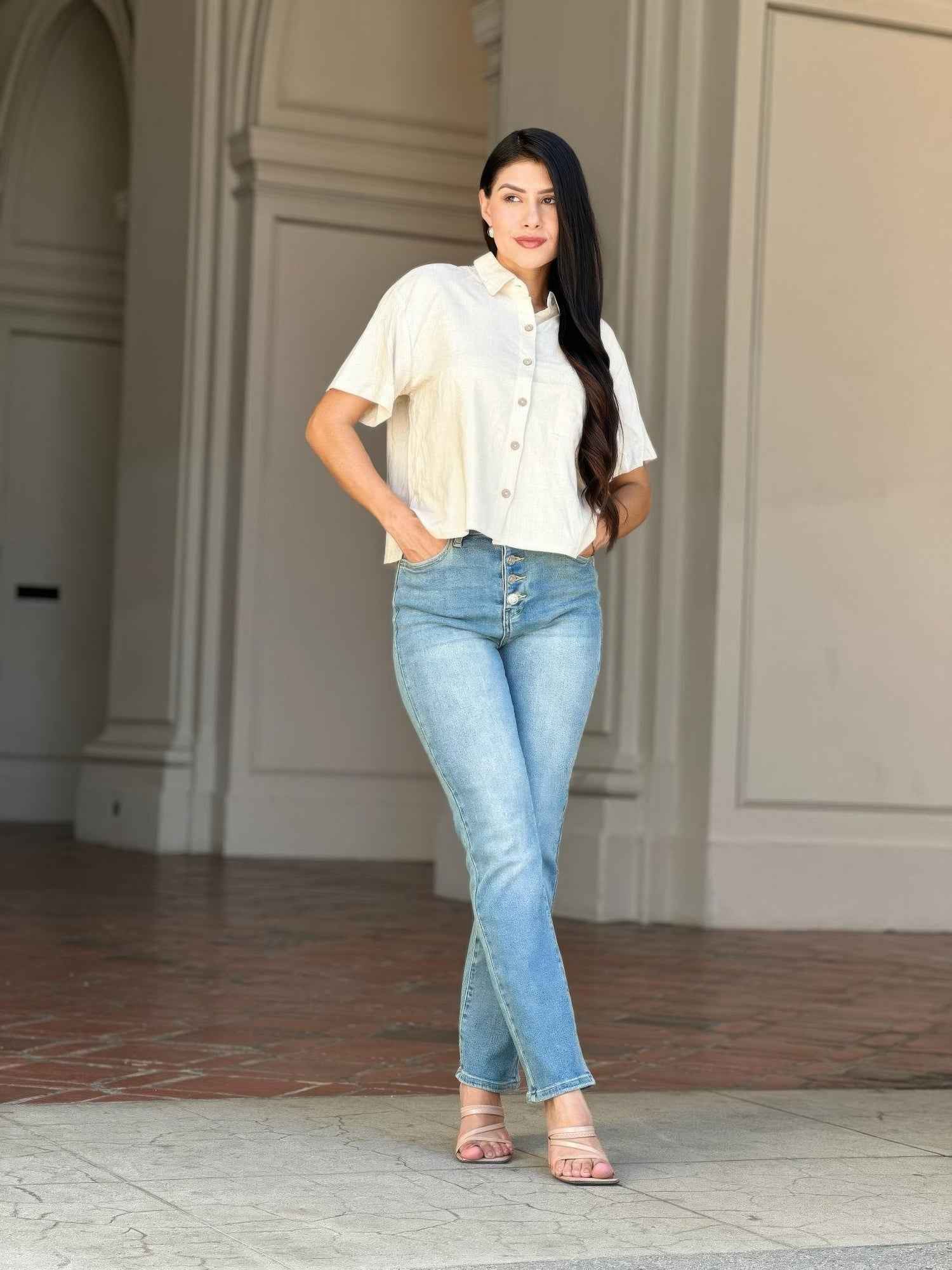 High Rise Cigarette Button Fly Straight Denim Jean High Rise Cigarette Button Fly Straight Denim Jean