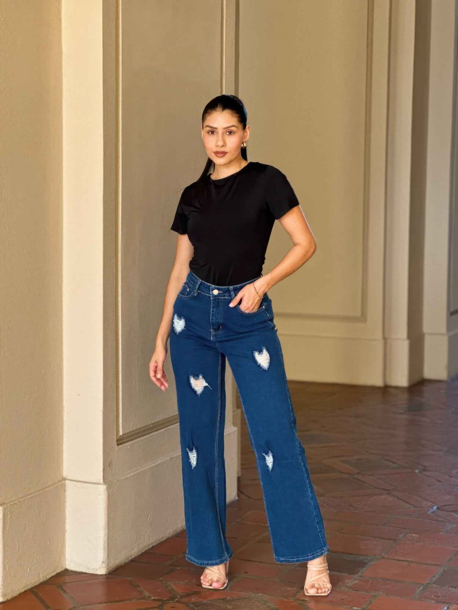 Embroidered Distressed Heart Wide Leg Denim Jean Embroidered Distressed Heart Wide Leg Denim Jean