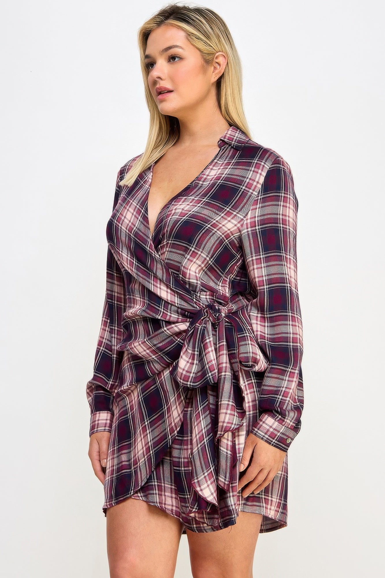 Plus Size Long Sleeve Plaid Side Tie Dress product image