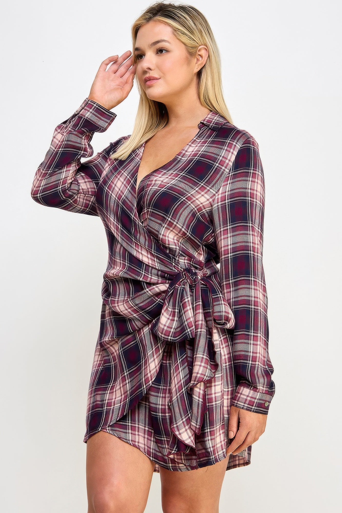 Plus Size Long Sleeve Plaid Side Tie Dress product image
