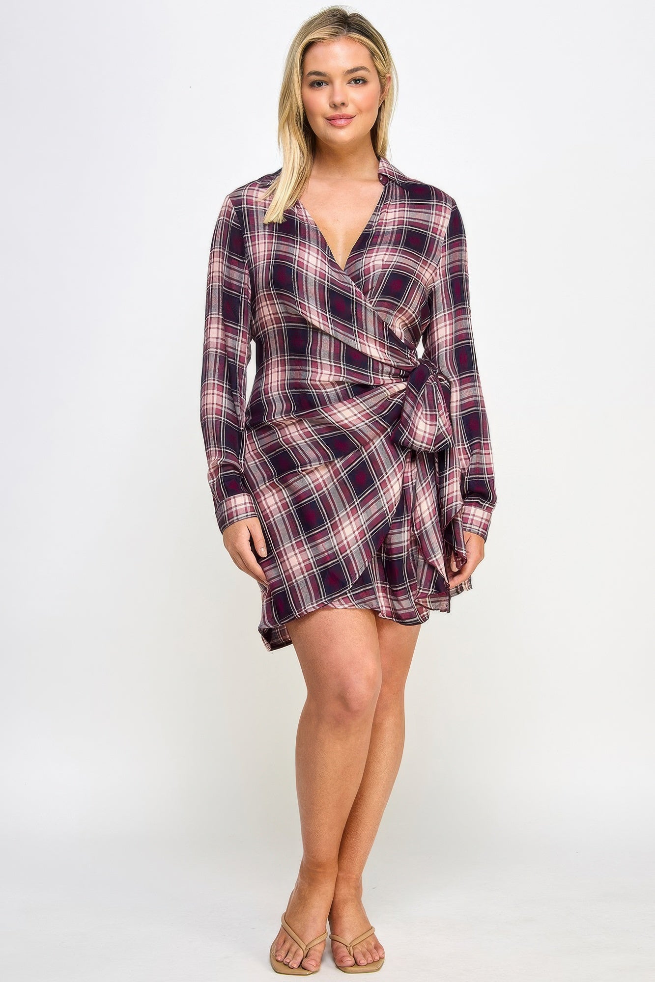 Plus Size Long Sleeve Plaid Side Tie Dress product image
