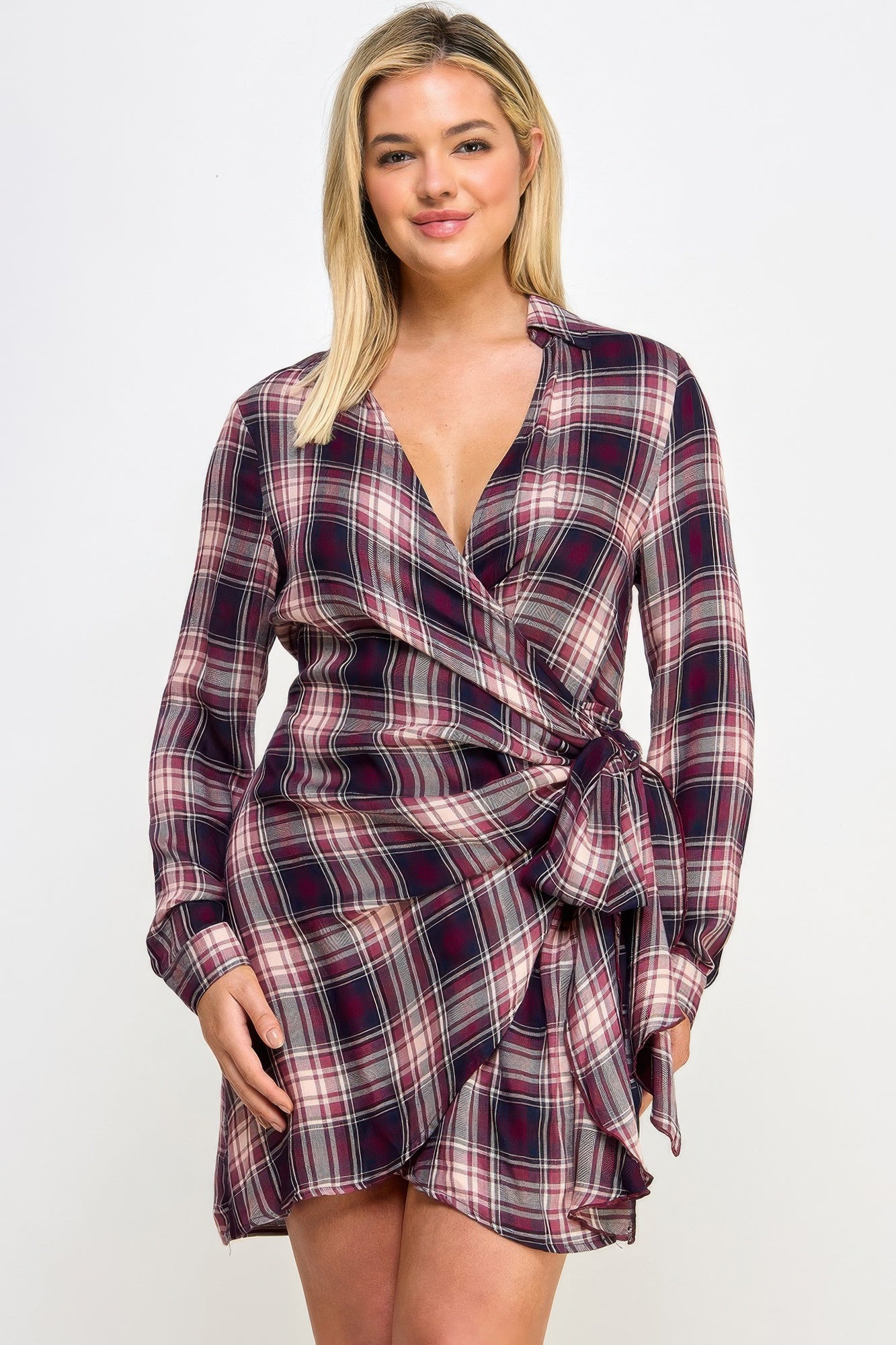 Plus Size Long Sleeve Plaid Side Tie Dress product image
