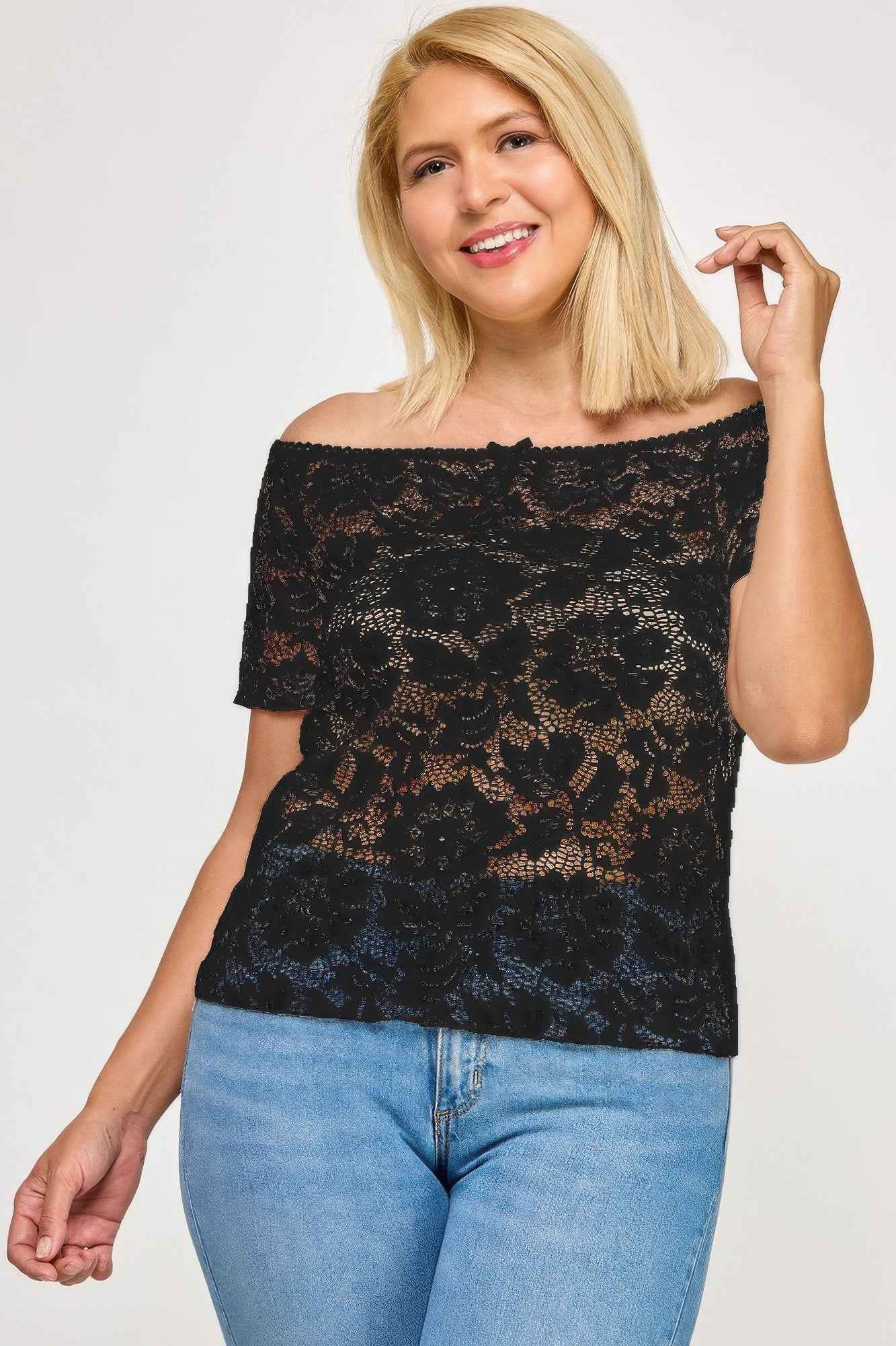 Plus Sized Off The Shoulder Lace Scallop Edge Top Plus Sized Off The Shoulder Lace Scallop Edge Top