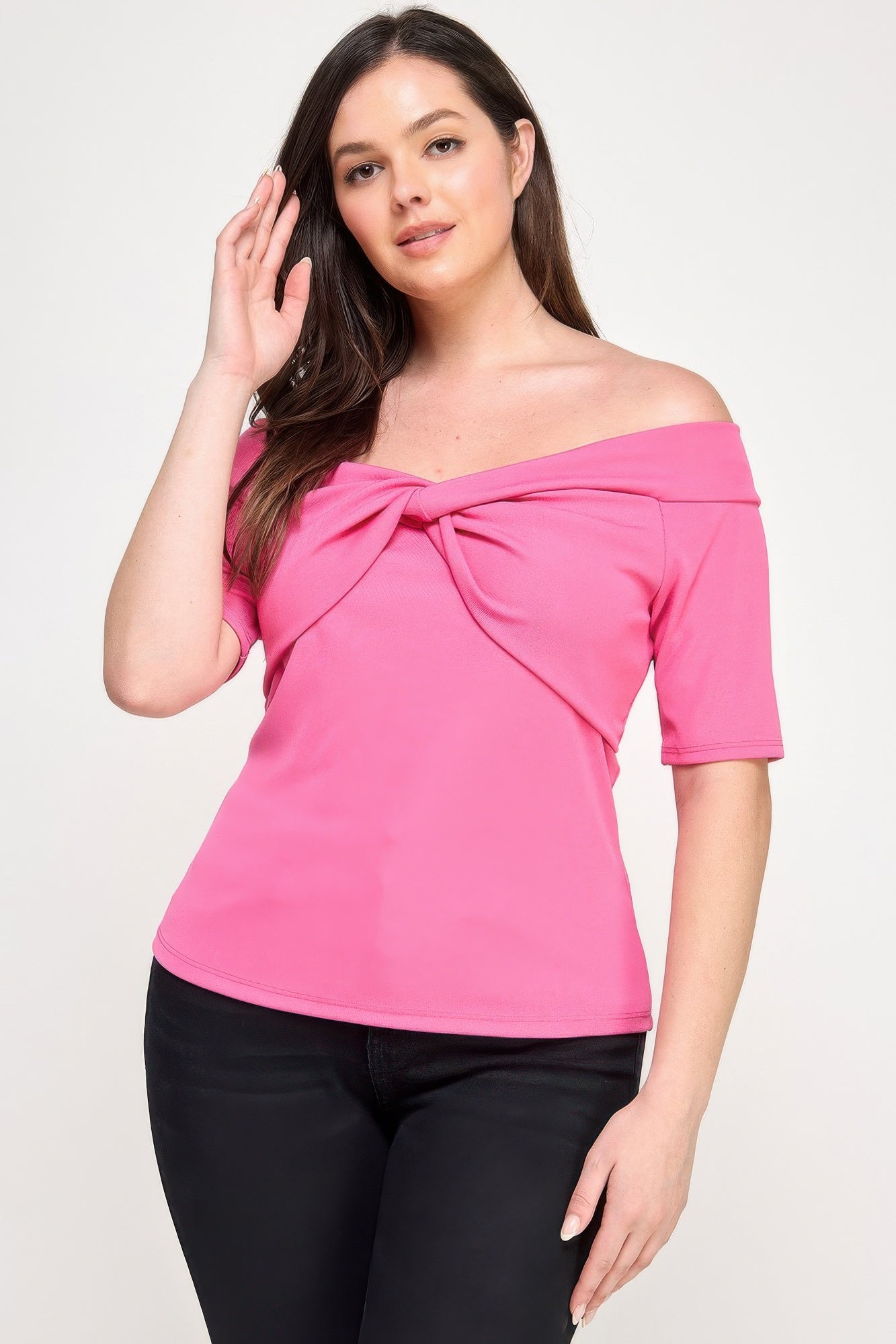 Plus Size Off The Shoulder Knit Rib Twist Knot Top product image