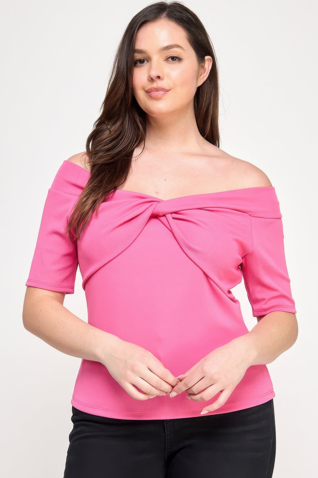 Plus Size Off The Shoulder Knit Rib Twist Knot Top product image