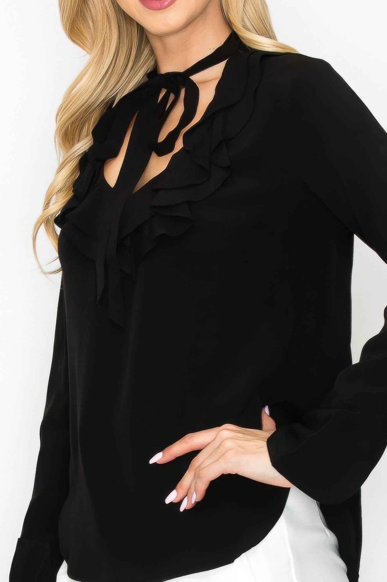 Ruffle Detail Front Tie V-neck Long Sleeve Blouse Ruffle Detail Front Tie V-neck Long Sleeve Blouse