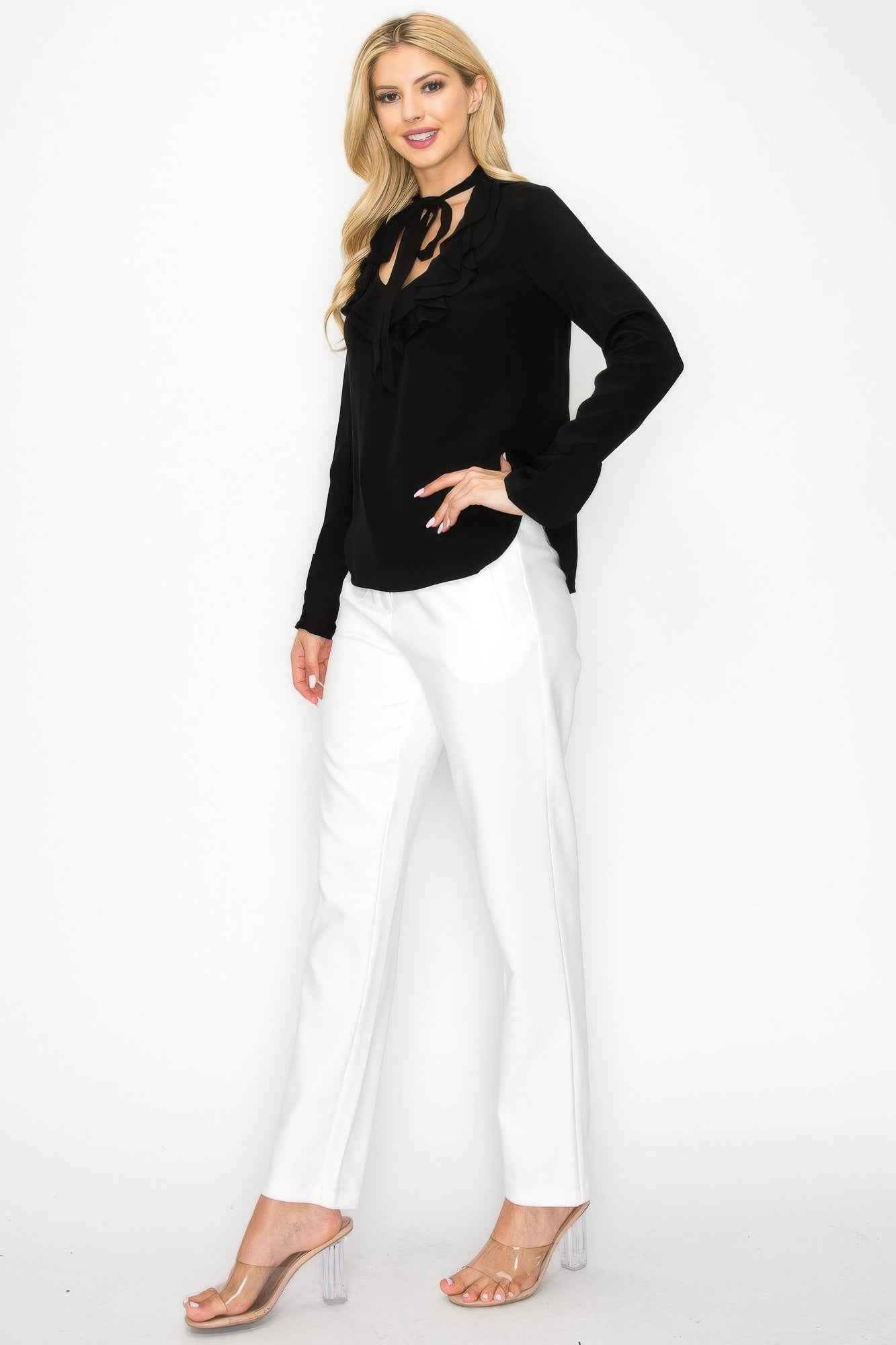 Ruffle Detail Front Tie V-neck Long Sleeve Blouse Ruffle Detail Front Tie V-neck Long Sleeve Blouse