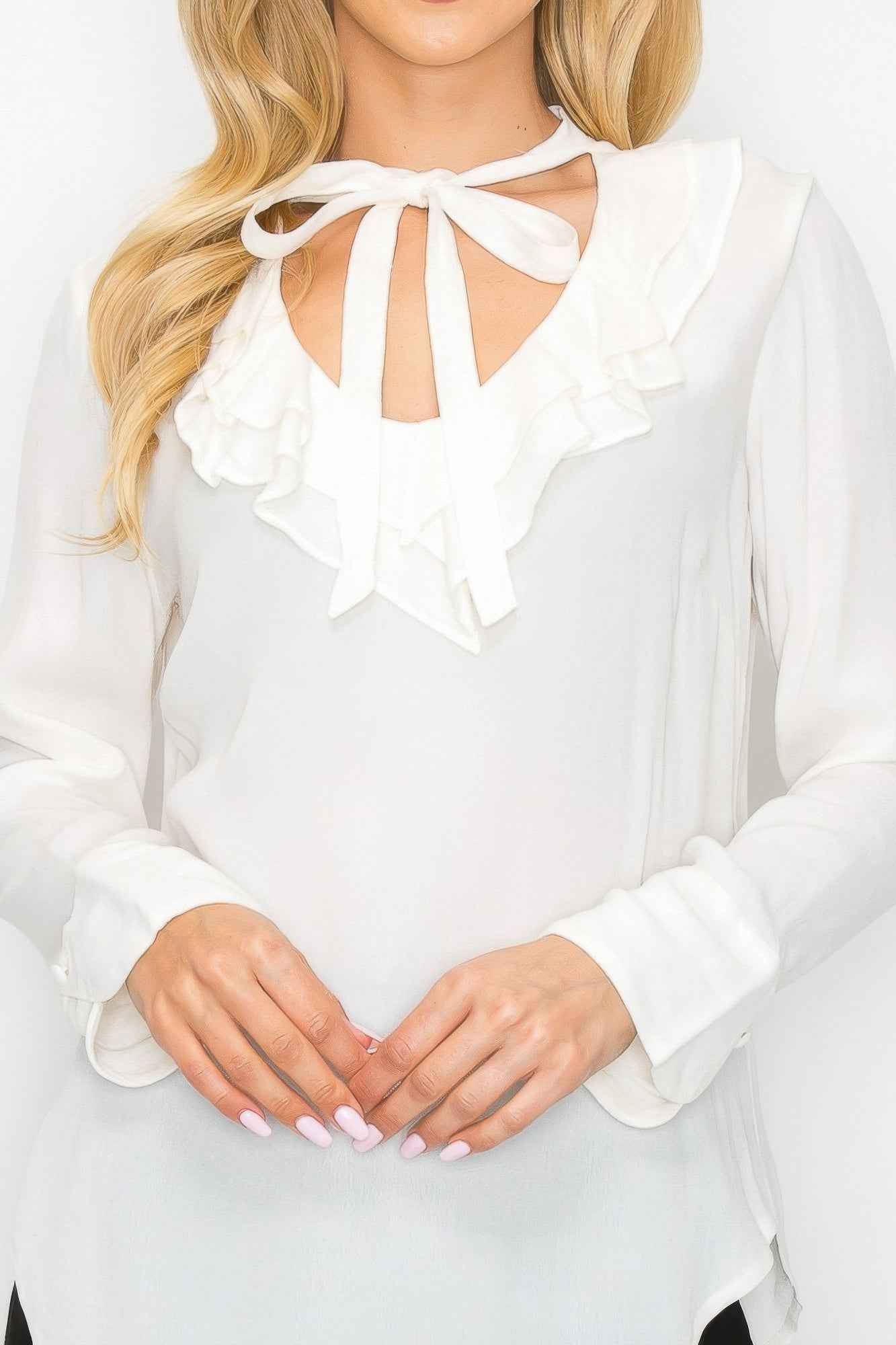 Ruffle Detail Front Tie V-neck Long Sleeve Blouse Ruffle Detail Front Tie V-neck Long Sleeve Blouse