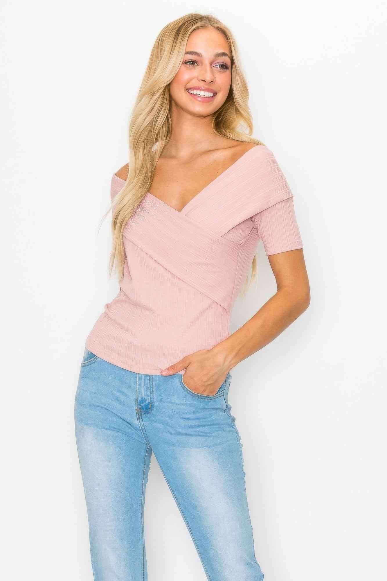 Off The Shoulder Crisscross Ribbed Top Off The Shoulder Crisscross Ribbed Top
