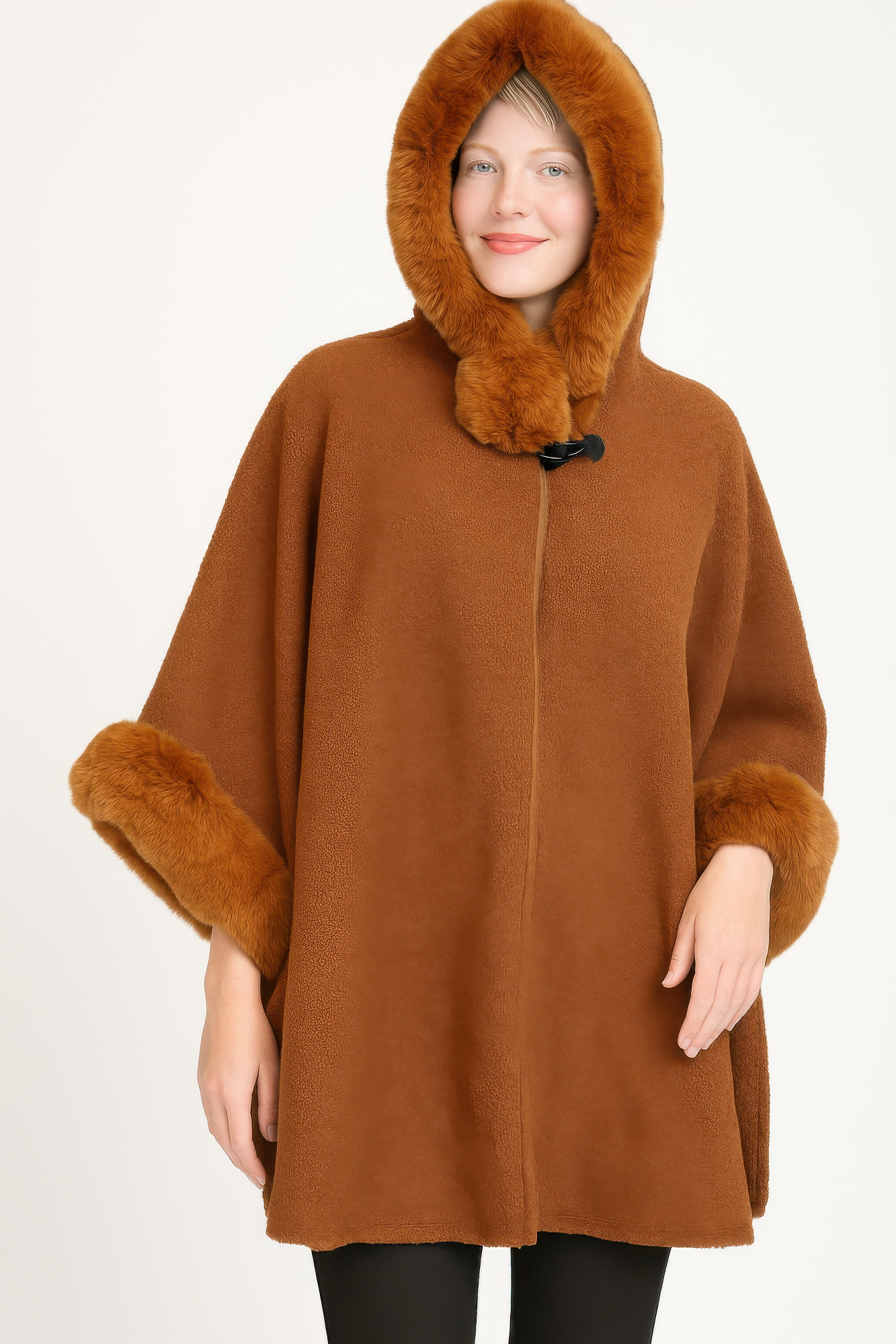 Hooded Faux Fur Trim Cape product image