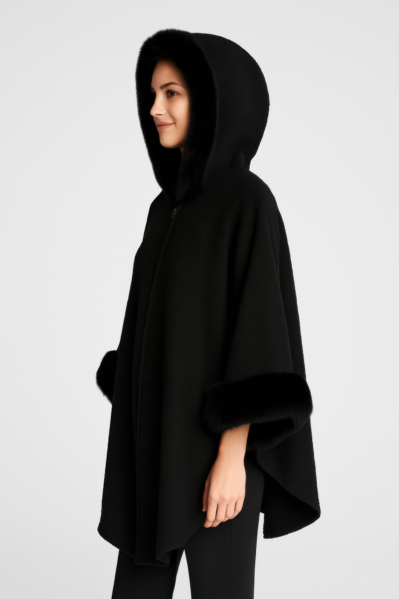 Hooded Faux Fur Trim Cape product image
