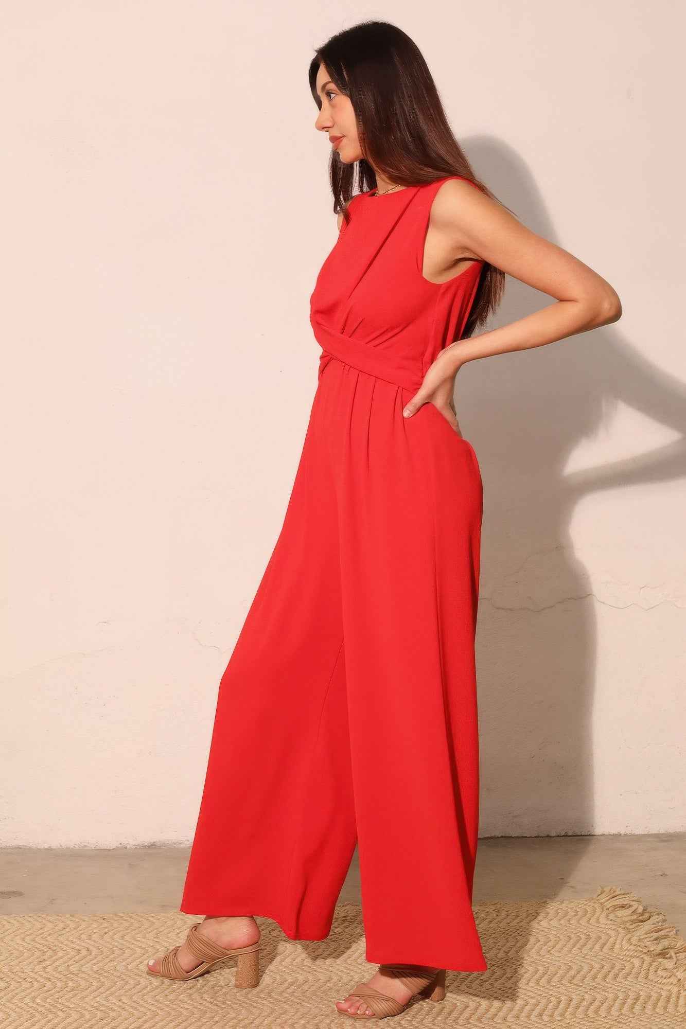 Textured Solid Twist Front Jumpsuit Textured Solid Twist Front Jumpsuit