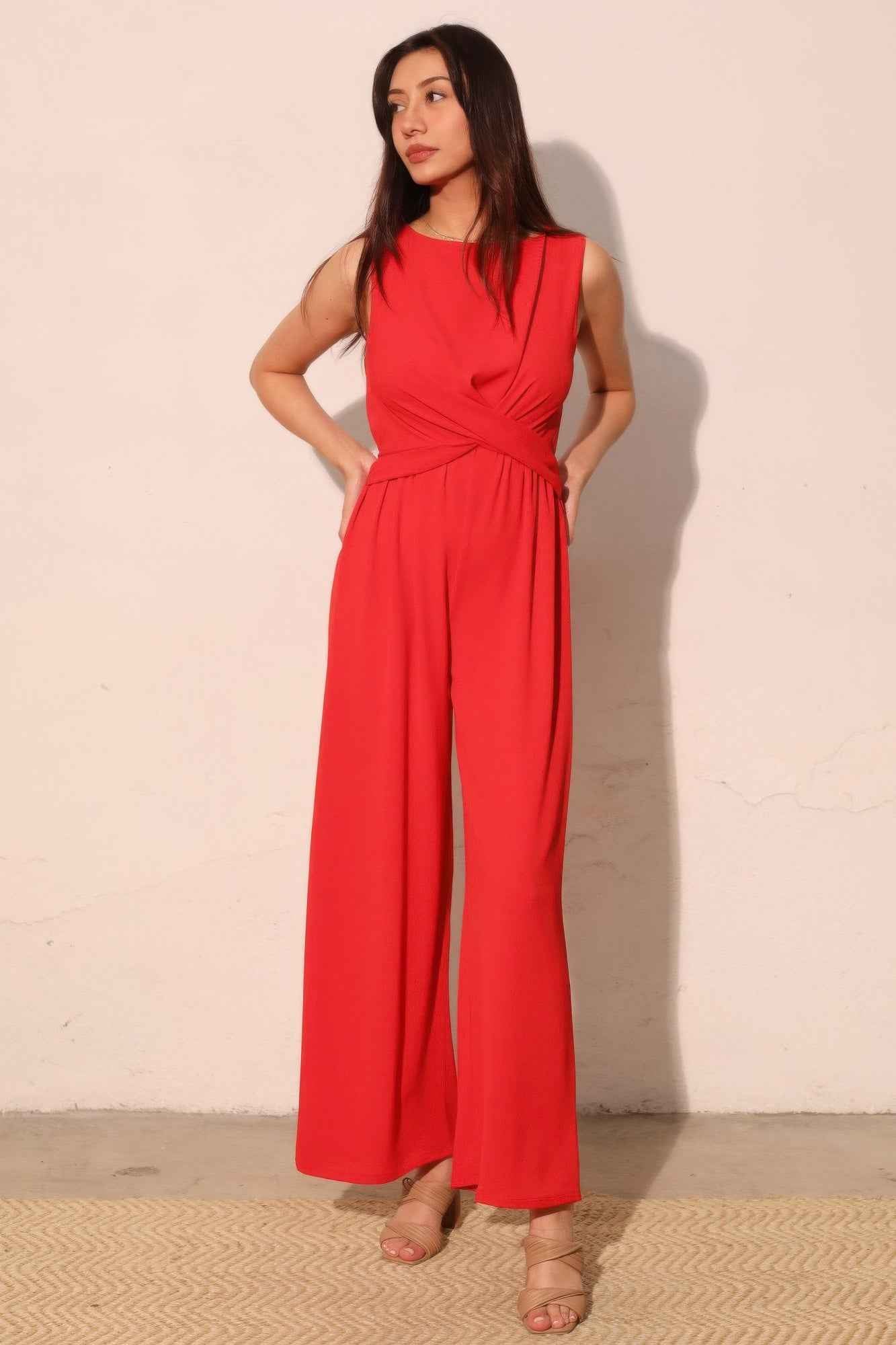 Textured Solid Twist Front Jumpsuit Textured Solid Twist Front Jumpsuit