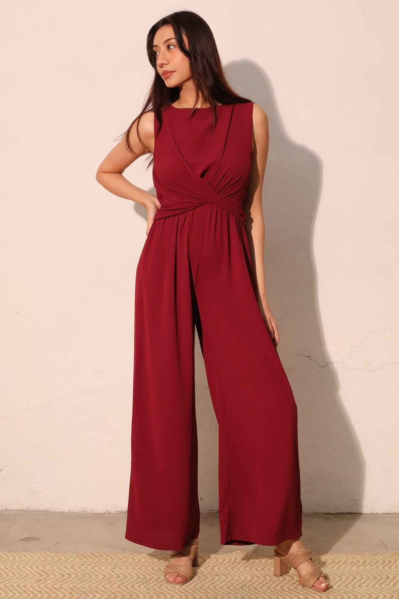 Textured Solid Twist Front Jumpsuit Textured Solid Twist Front Jumpsuit