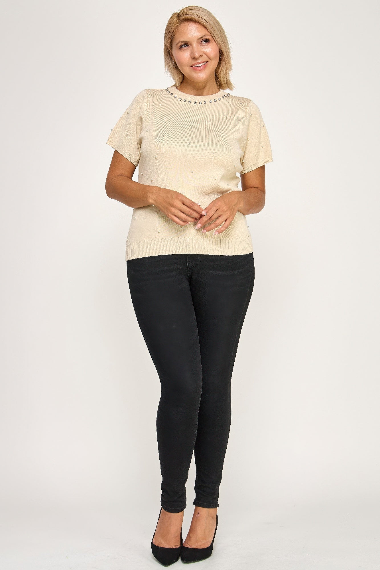 Plus Size Pearl & Rhinestone Knit Sweater Top product image