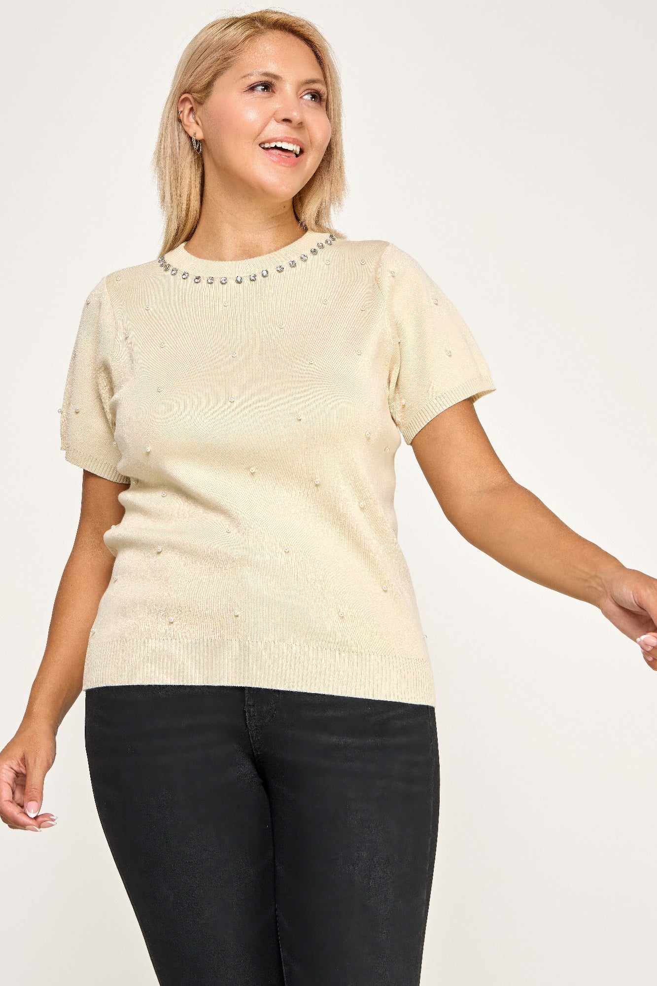 Plus Size Pearl & Rhinestone Knit Sweater Top product image