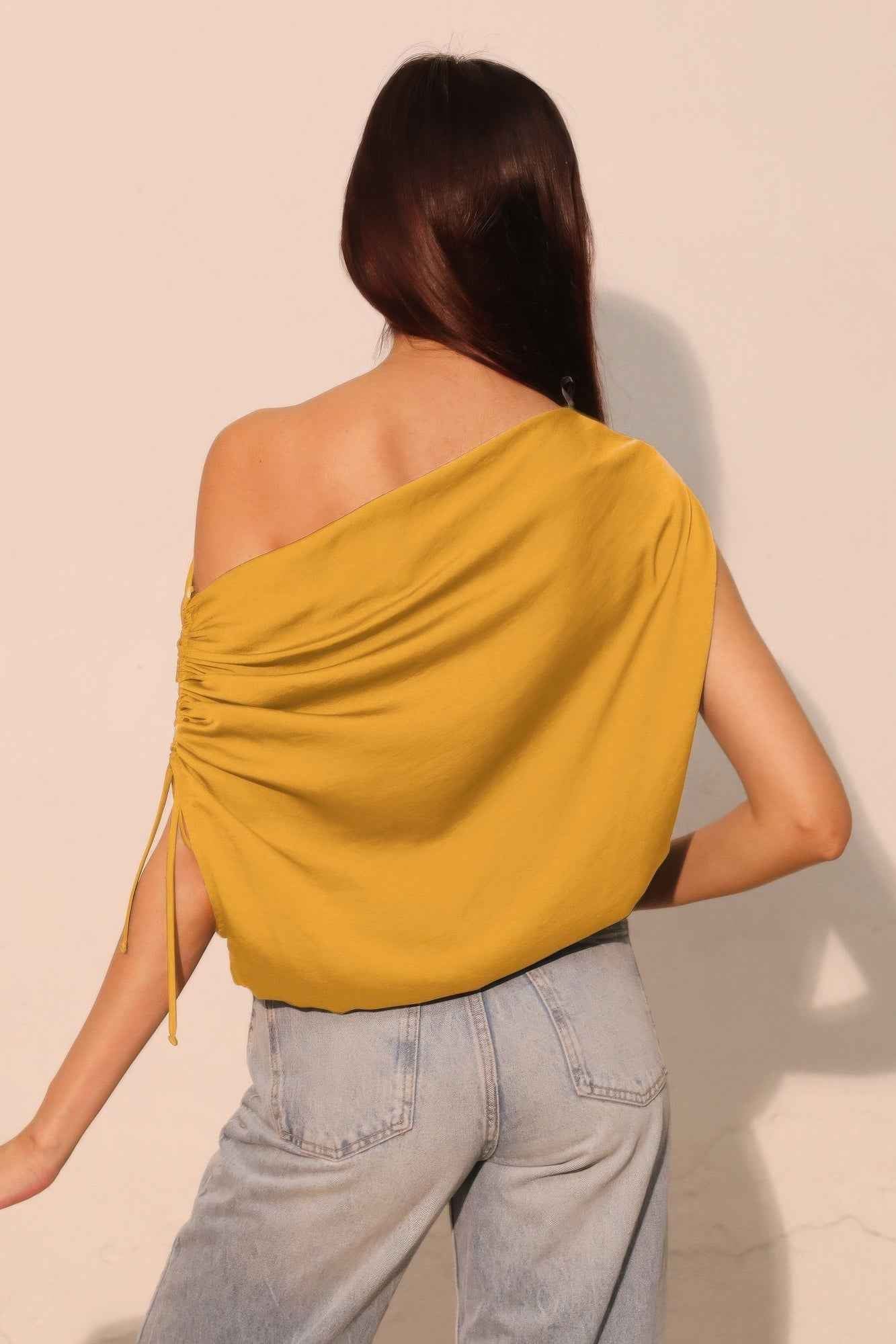 Washed Poly Silk Asymmetrical Drawstring Top Washed Poly Silk Asymmetrical Drawstring Top