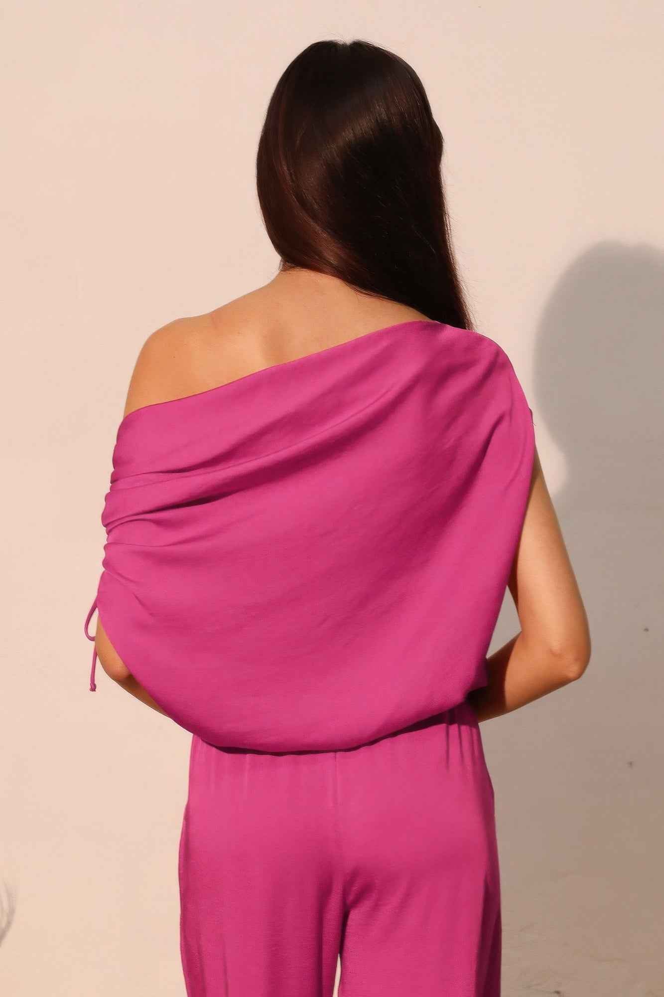 Washed Poly Silk Asymmetrical Drawstring Top Washed Poly Silk Asymmetrical Drawstring Top