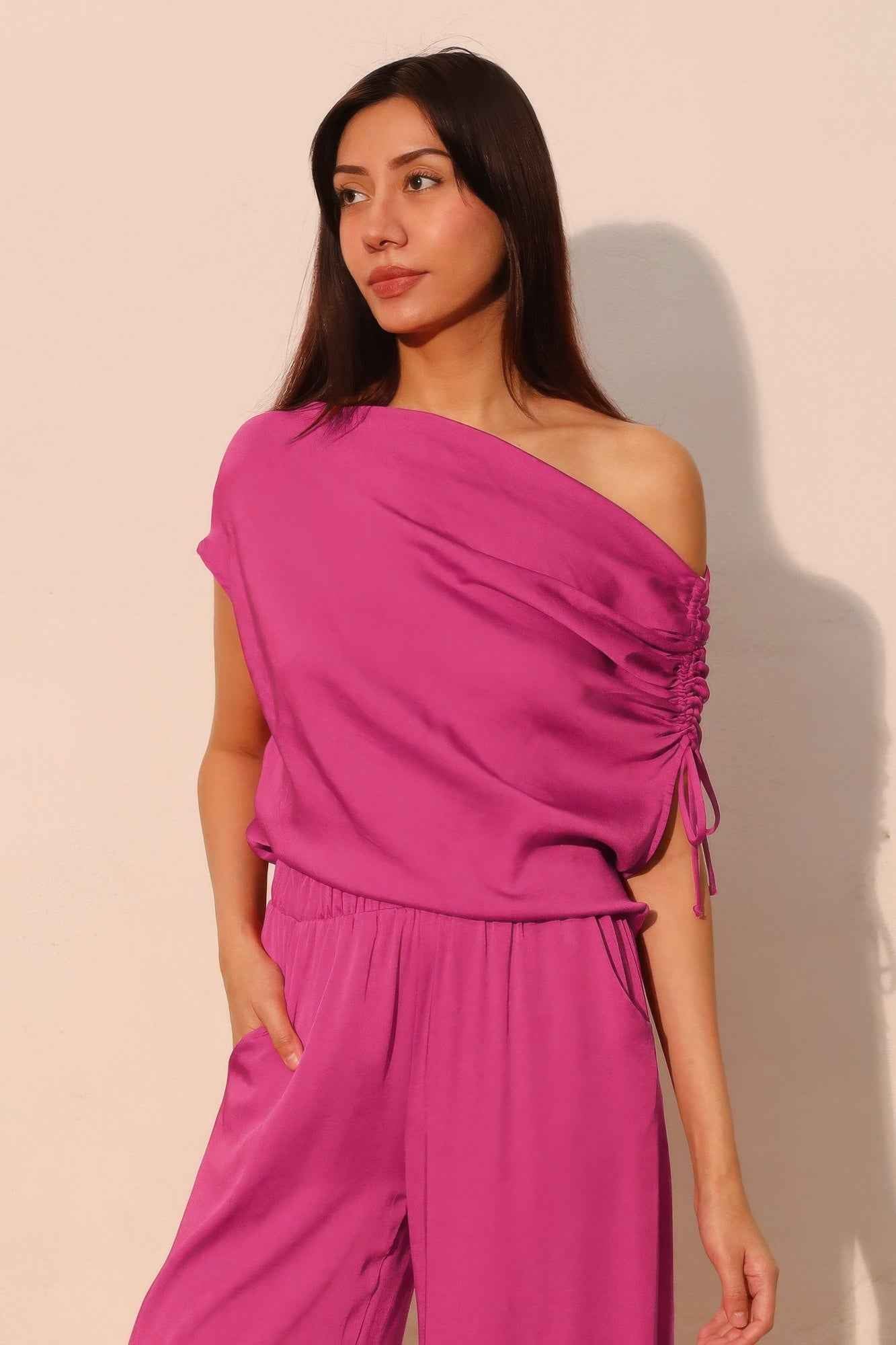 Washed Poly Silk Asymmetrical Drawstring Top Washed Poly Silk Asymmetrical Drawstring Top