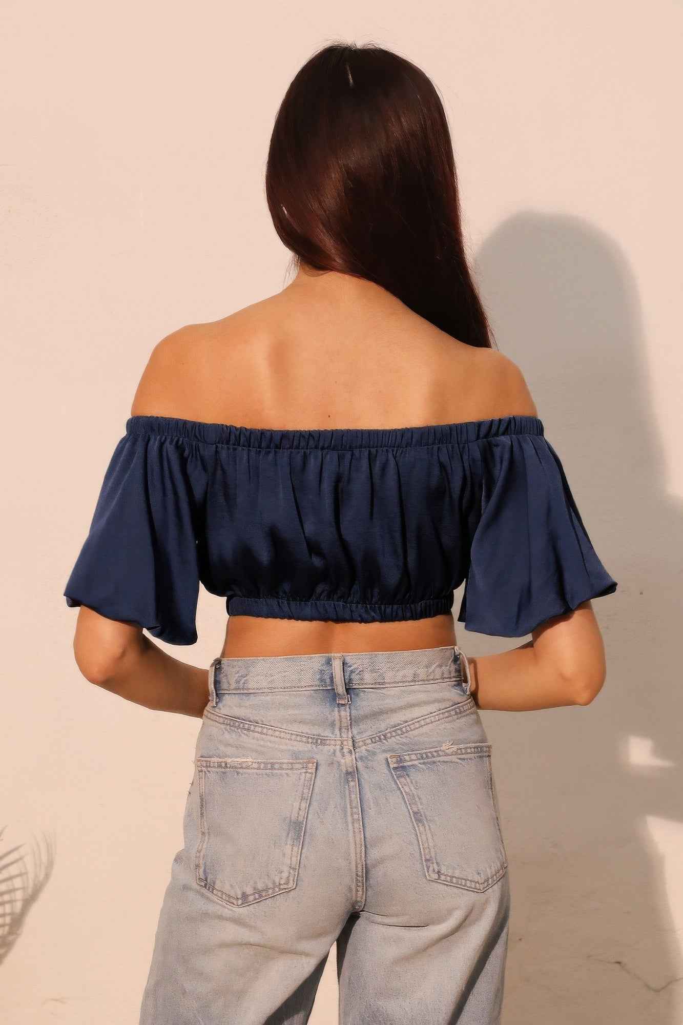 Washed Poly Silk Bubble Sleeve Crop Top Washed Poly Silk Bubble Sleeve Crop Top