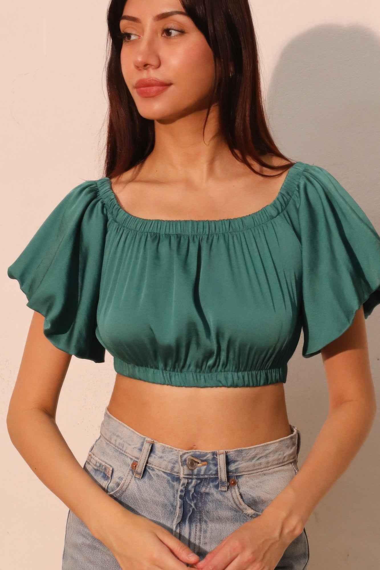 Washed Poly Silk Bubble Sleeve Crop Top Washed Poly Silk Bubble Sleeve Crop Top