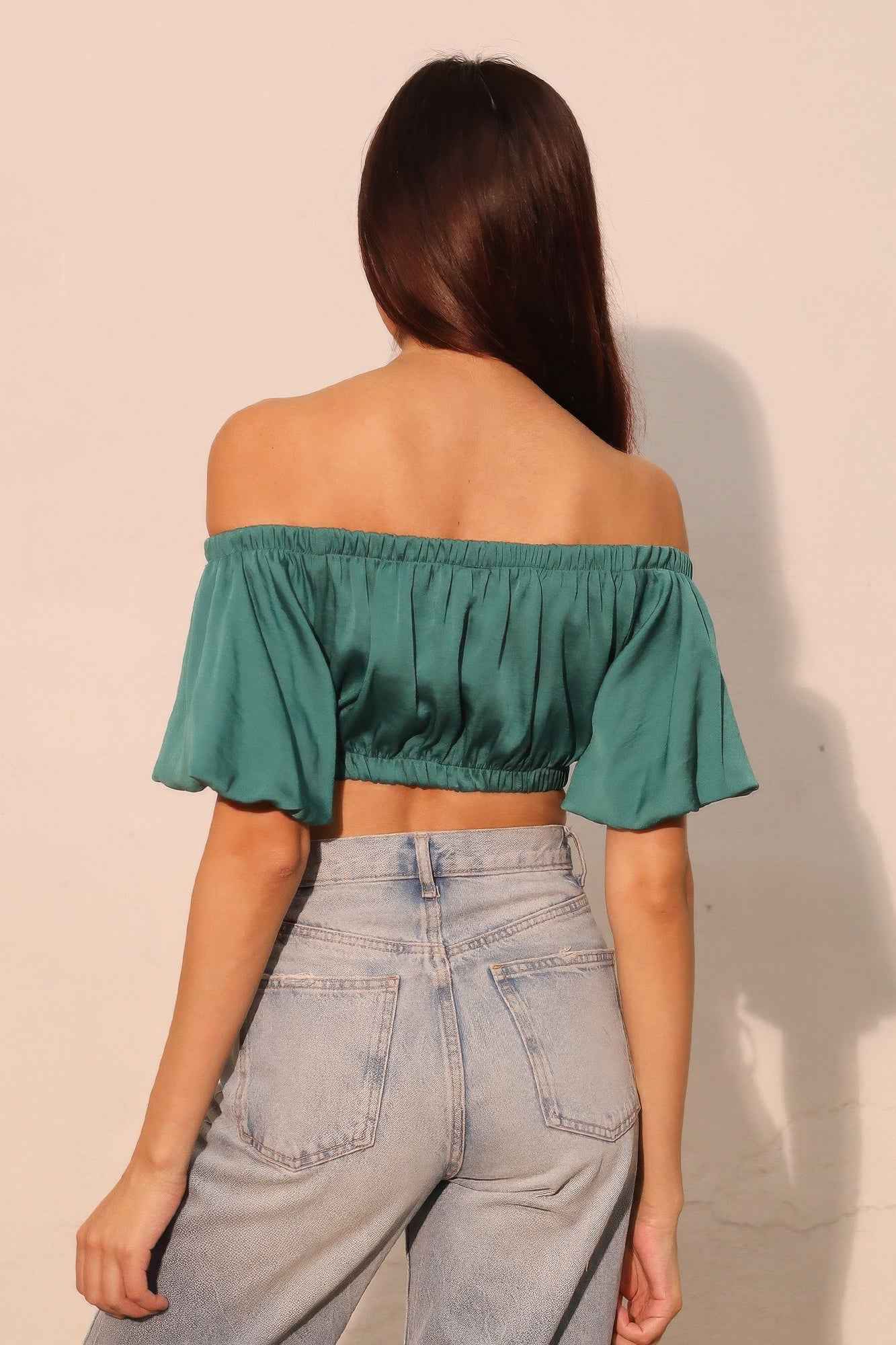 Washed Poly Silk Bubble Sleeve Crop Top Washed Poly Silk Bubble Sleeve Crop Top