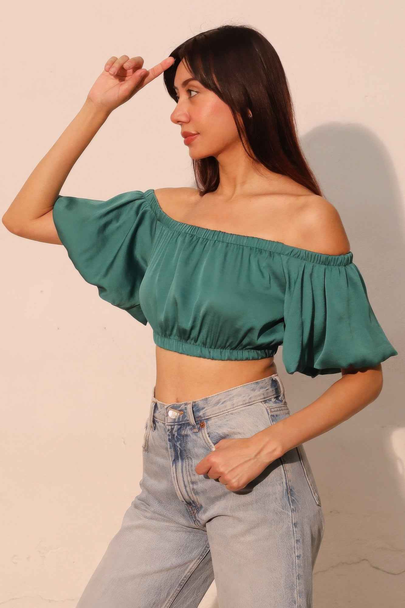 Washed Poly Silk Bubble Sleeve Crop Top Washed Poly Silk Bubble Sleeve Crop Top