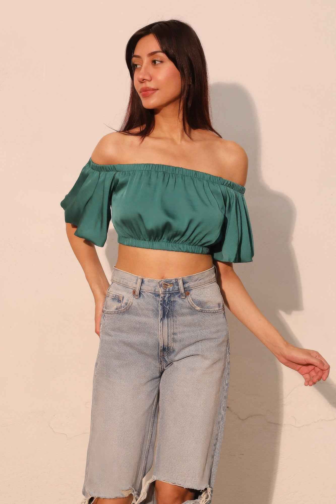 Washed Poly Silk Bubble Sleeve Crop Top Washed Poly Silk Bubble Sleeve Crop Top