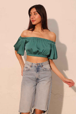 Washed Poly Silk Bubble Sleeve Crop Top