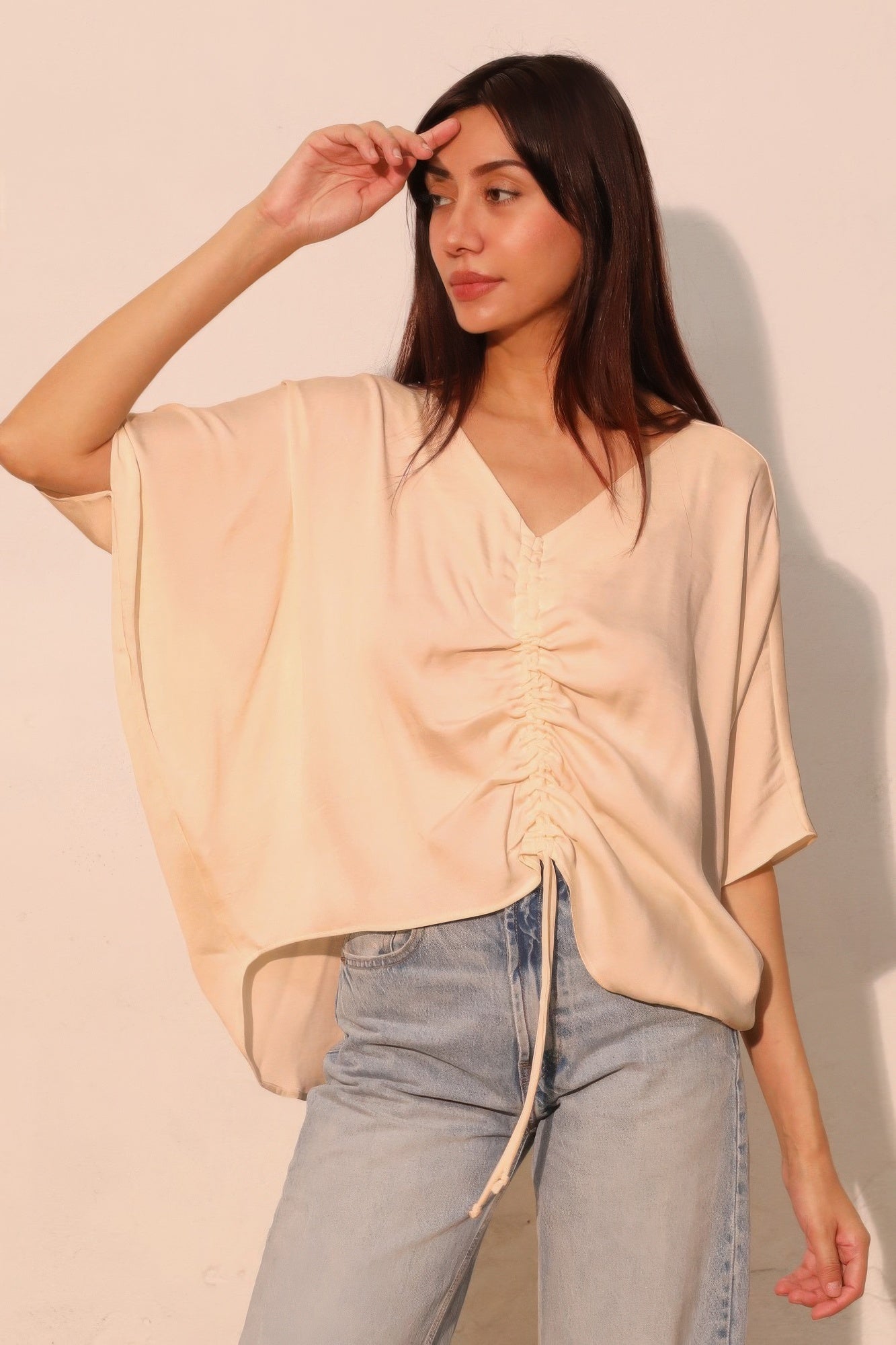 Washed Poly Silk Drawstring Dolman Top product image
