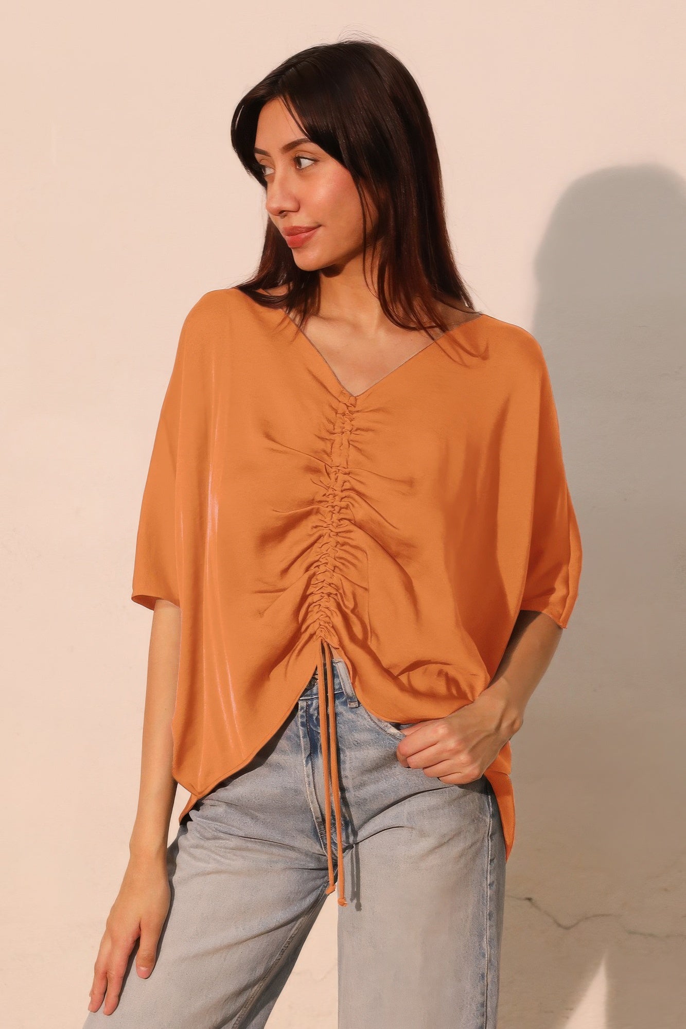 Washed Poly Silk Drawstring Dolman Top product image