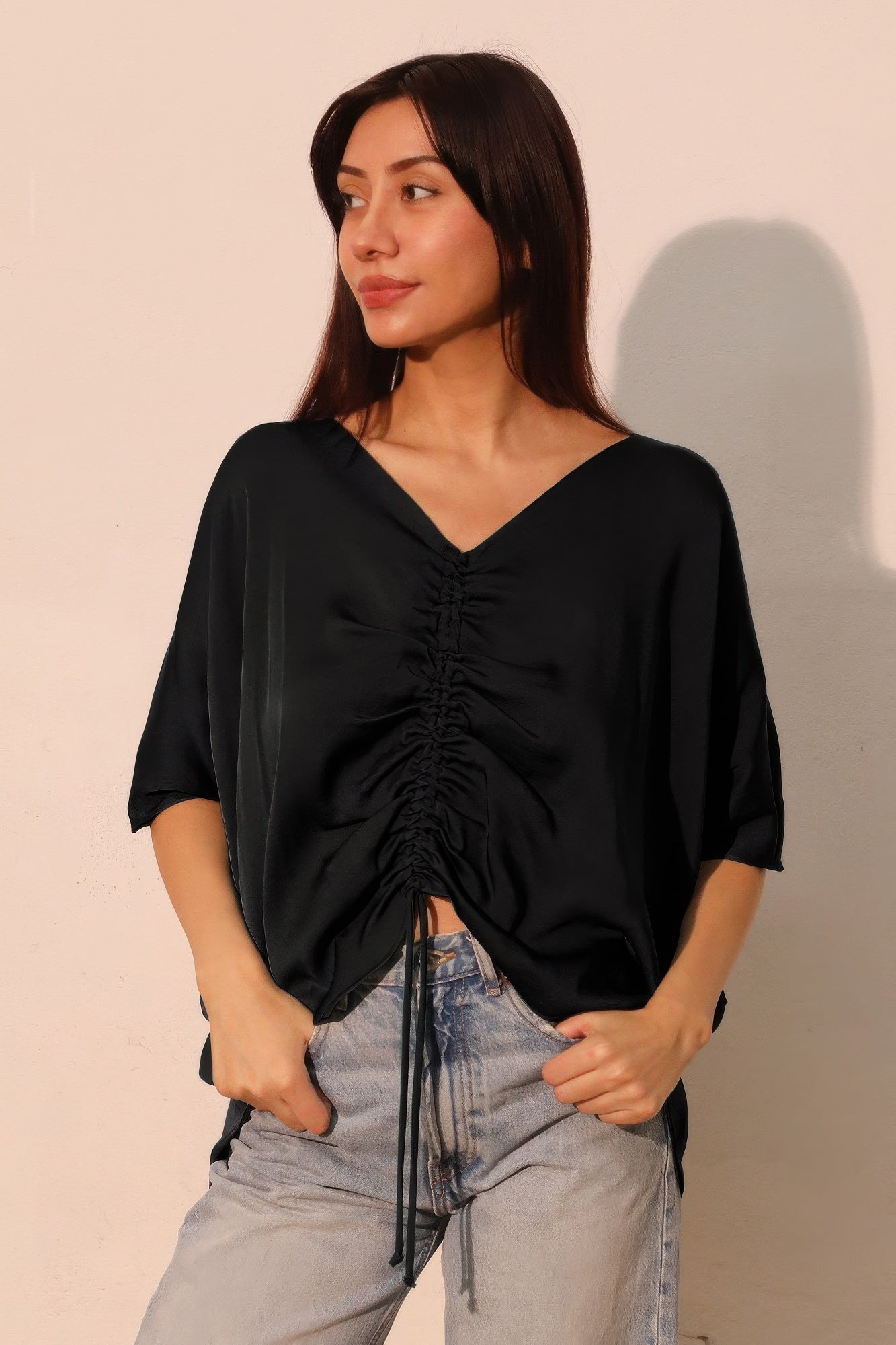 Washed Poly Silk Drawstring Dolman Top product image