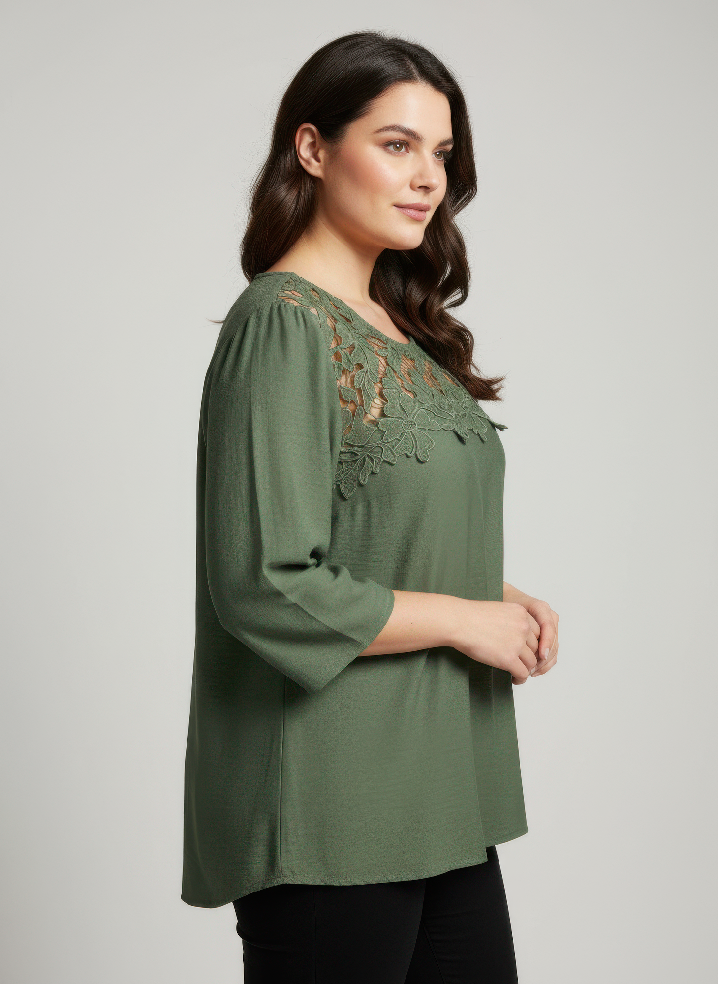 Lace Yoke Three-quarter Sleeve Knit Top product image