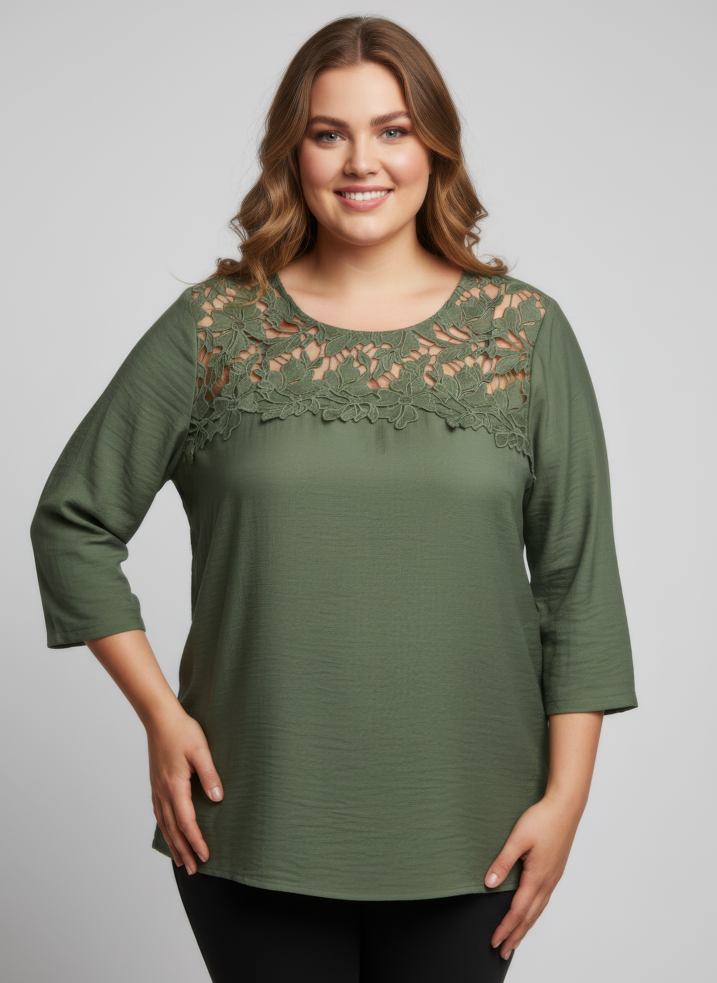 Lace Yoke Three-quarter Sleeve Knit Top product image
