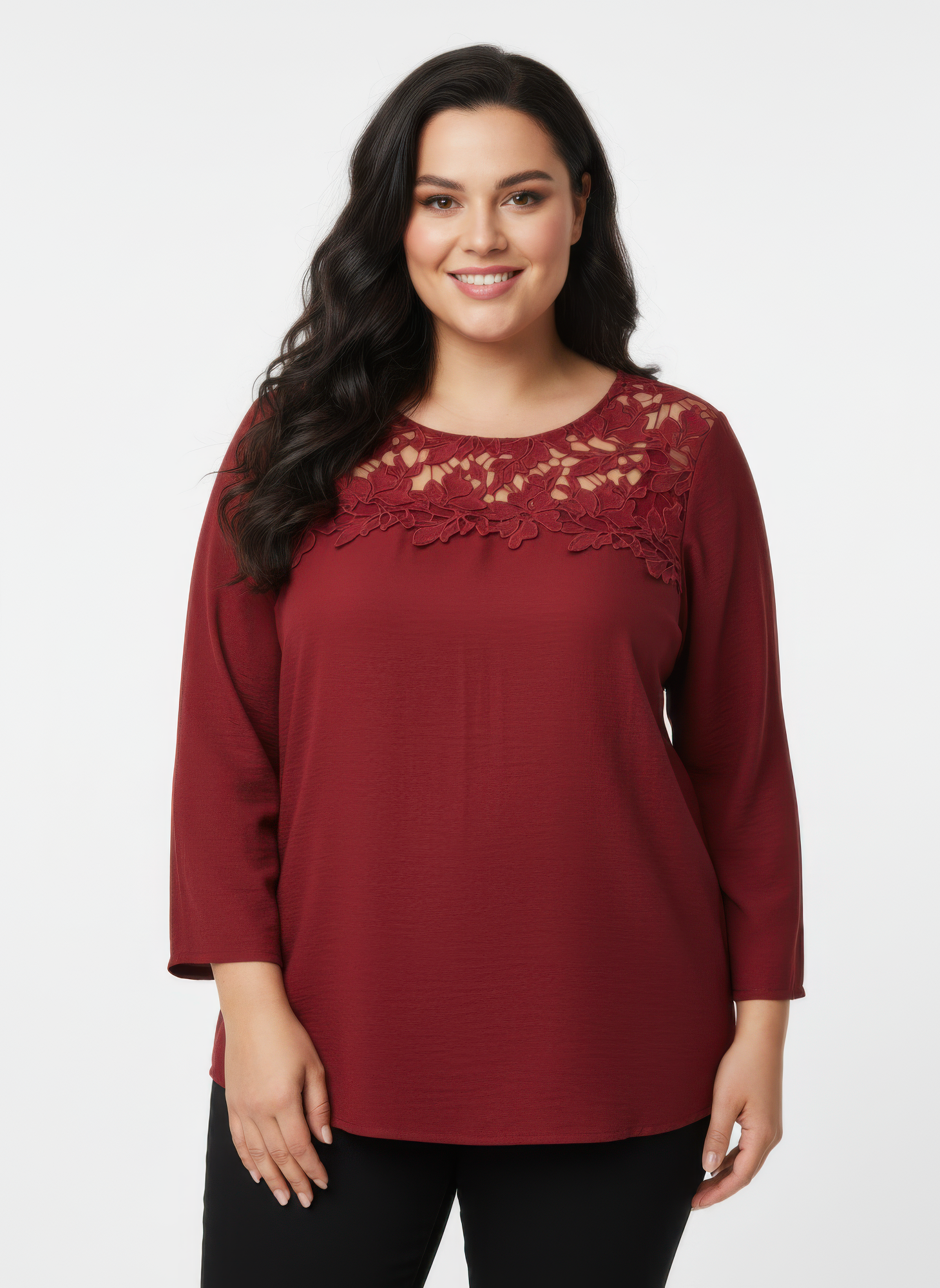 Lace Yoke Three-quarter Sleeve Knit Top product image