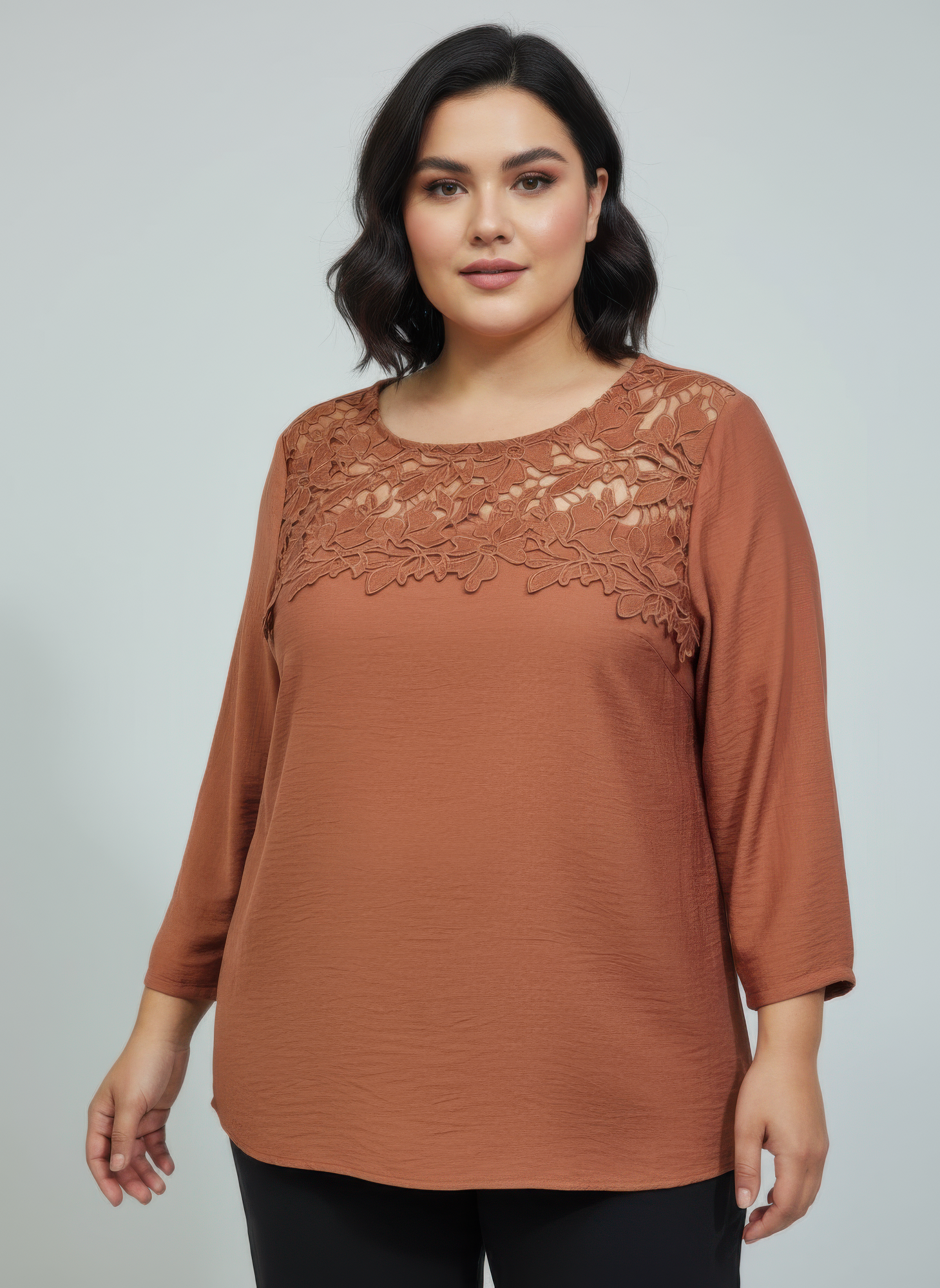 Lace Yoke Three-quarter Sleeve Knit Top product image