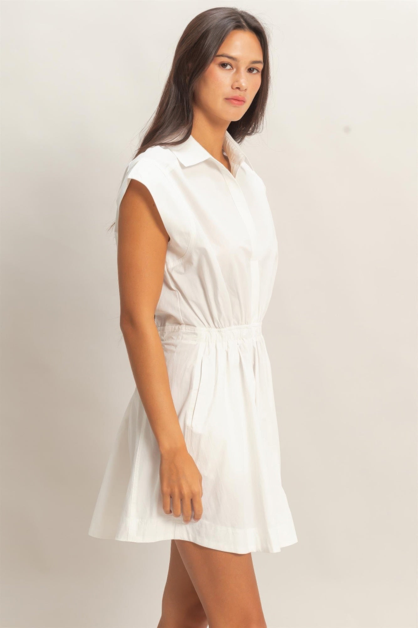 Sleeveless Collared Shirred Mini Dress product image