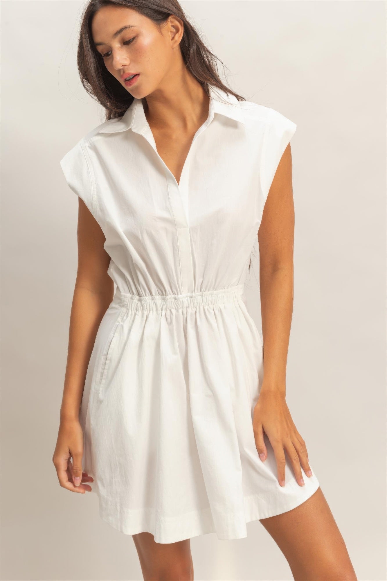 Sleeveless Collared Shirred Mini Dress product image