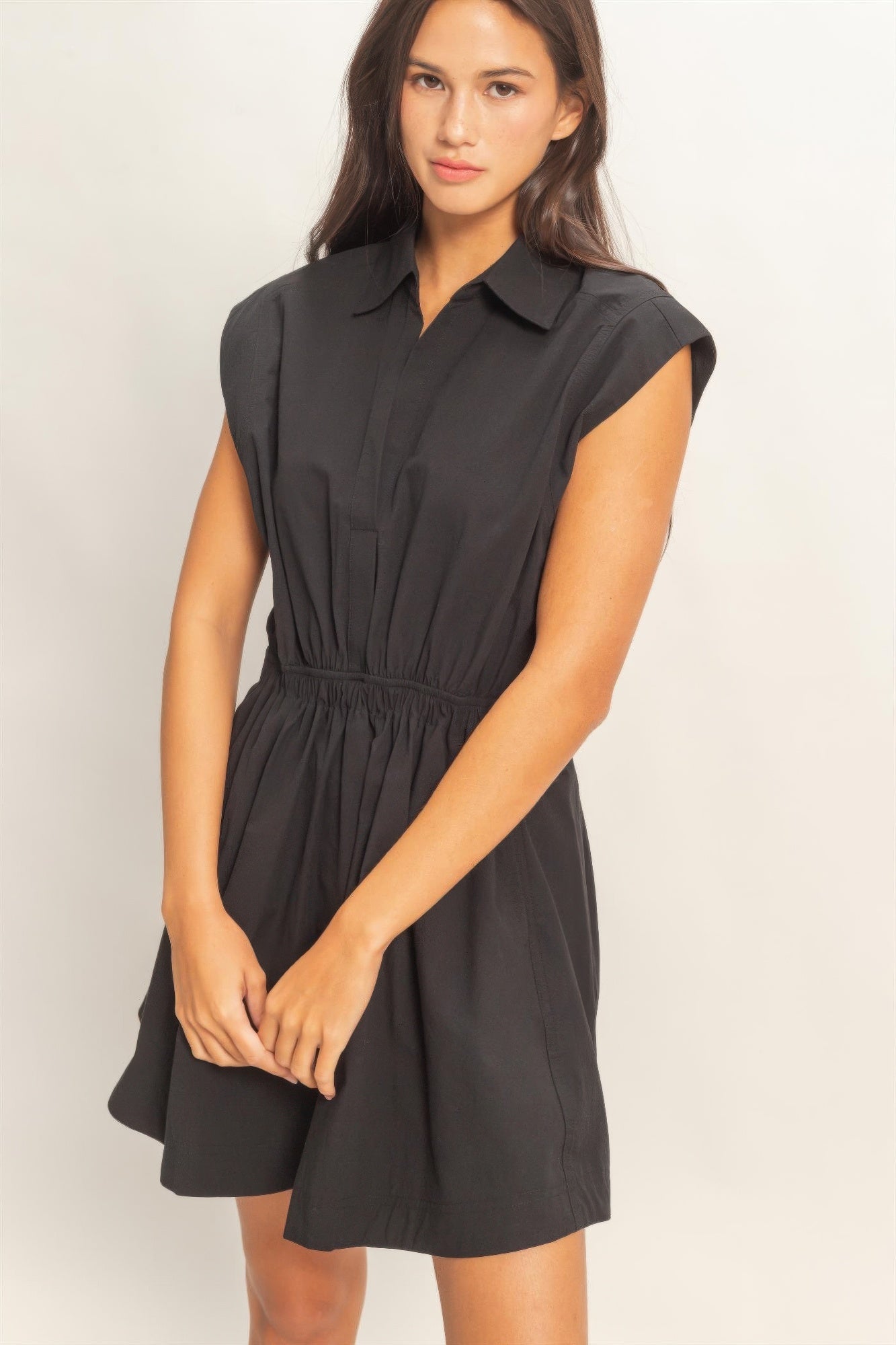 Sleeveless Collared Shirred Mini Dress product image