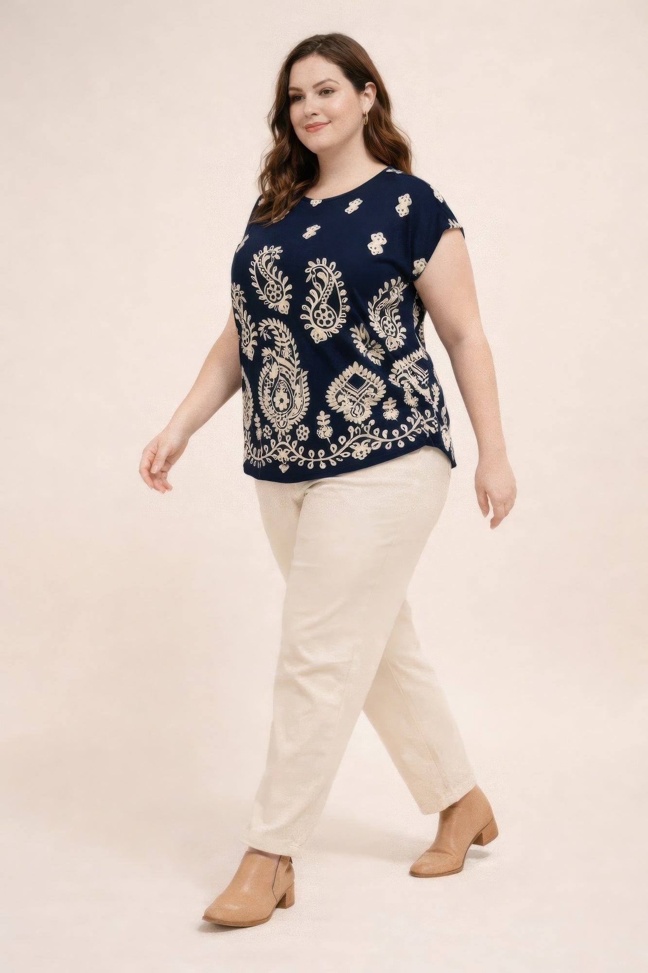 Plus Size Paisley Border Print Button-shoulder Top product image