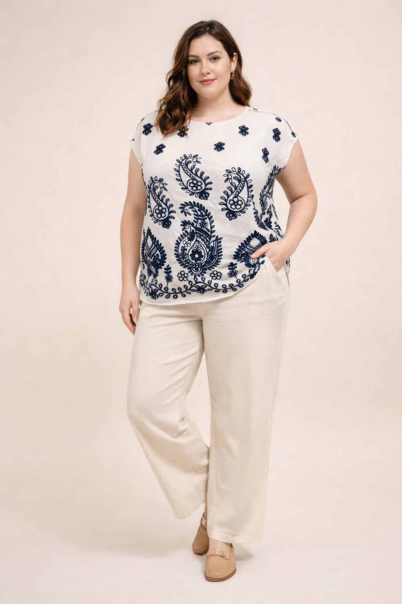 Plus Size Paisley Border Print Button-shoulder Top product image