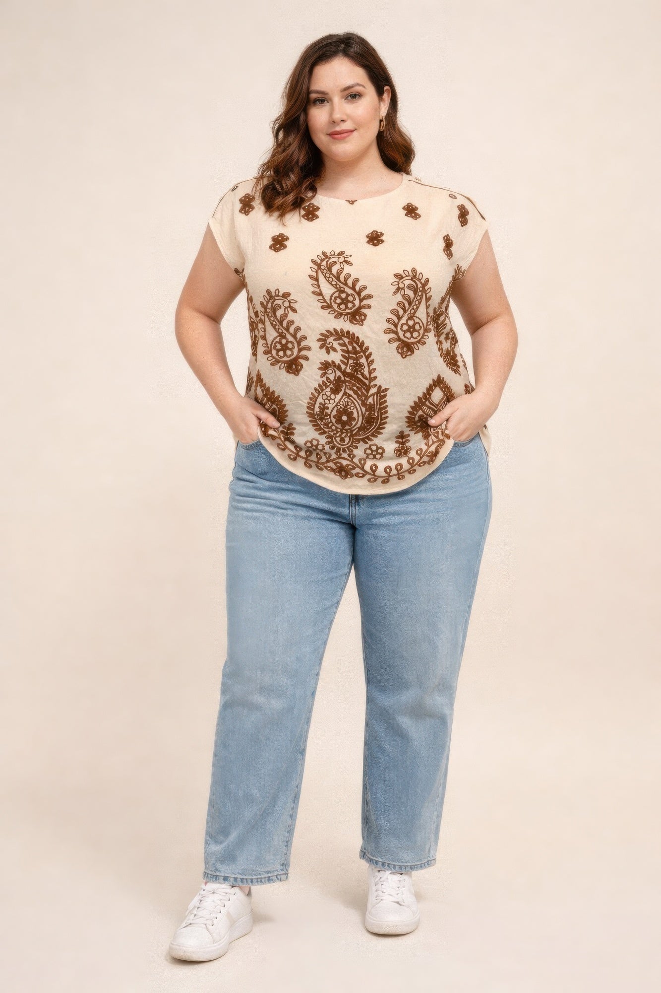 Plus Size Paisley Border Print Button-shoulder Top product image
