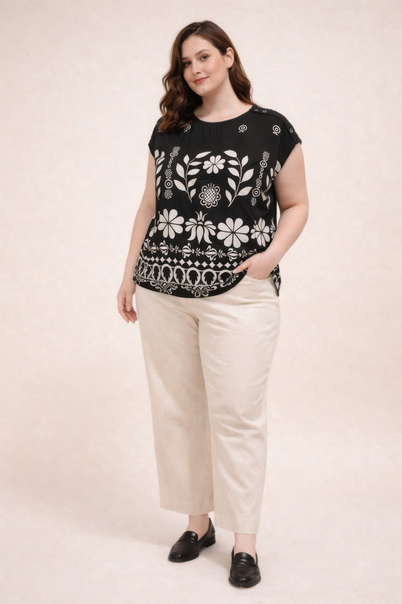 Plus Size Folk Floral Border Print Button-shoulder Top product image